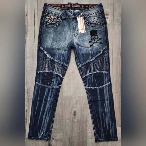 Rock Revival Montell Biker Distressed Denim Jeans Mens Size 33 NWT MSRP $ 190 🔥